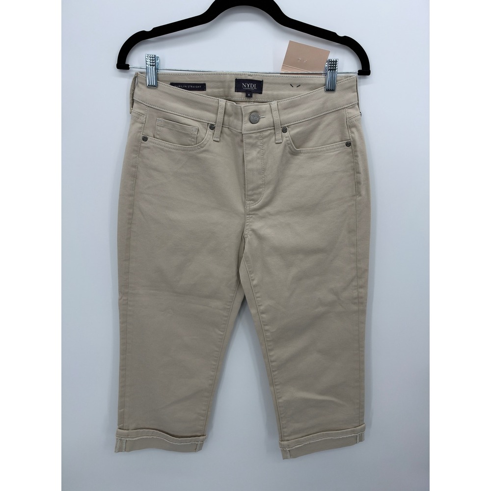 NYDJ Marilyn Straight Crop Pants Feather Beige Fray Cuff MFOSCR2916 Womens 6